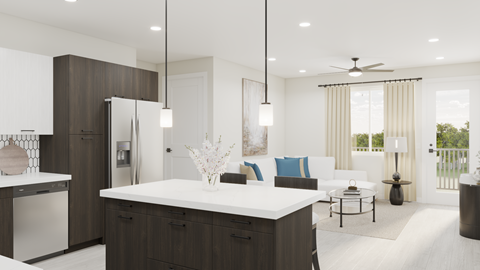 A modern kitchen with dark brown cabinets and white countertops.