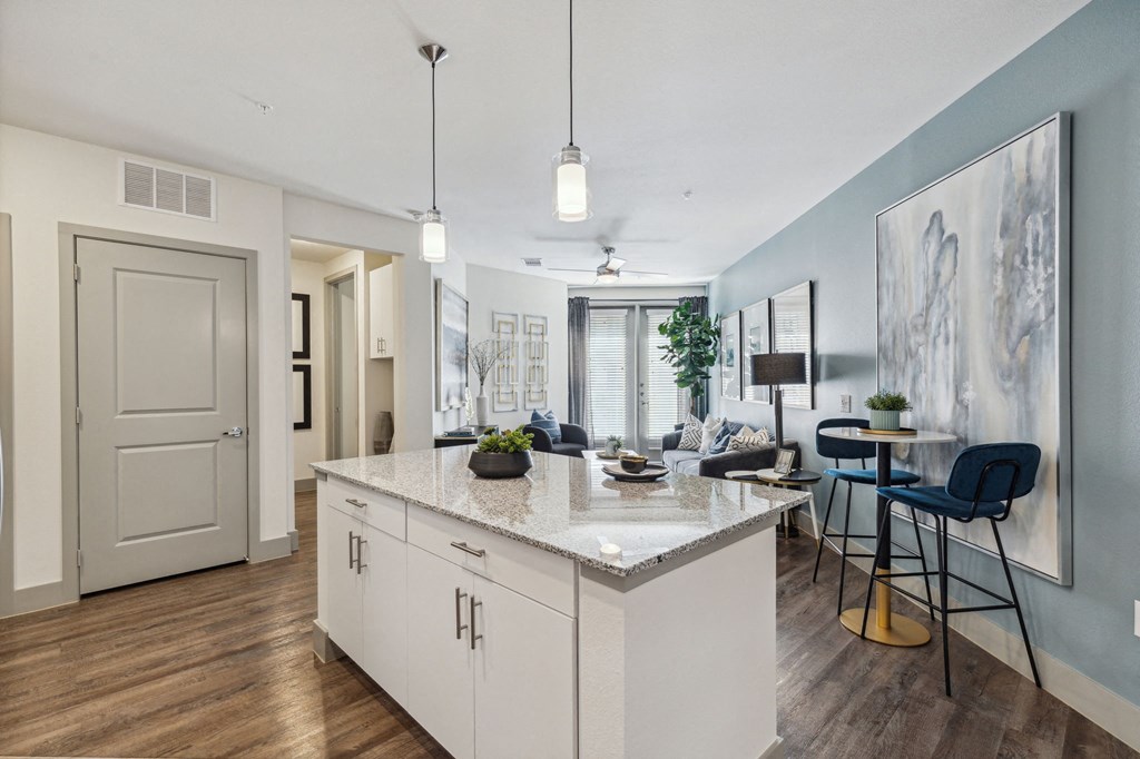 the preserve at ballantyne commons apartment living room and kitchen at LynnCora, Grand Prairie, Texas