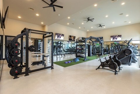 A well-equipped gym with a variety of machines and weightlifting equipment.