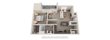 a stylized floor plan with a bedroom and a living room