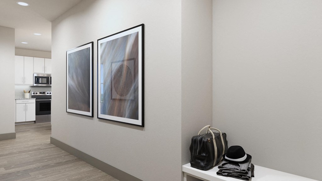 Model apartment hall area with bench shelf at Ironcrest, Texas, 76180