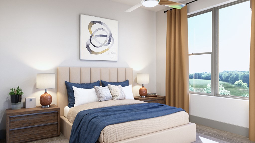 Model apartment bedroom area at Ironcrest, Texas