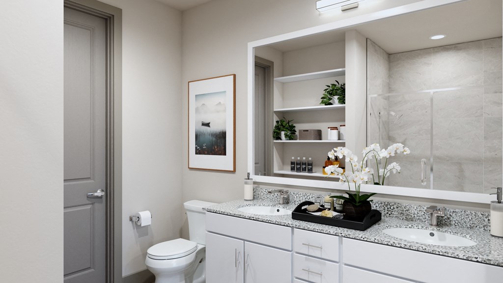 Model apartment bathroom area with vanity at Ironcrest, North Richland Hills, TX, 76180