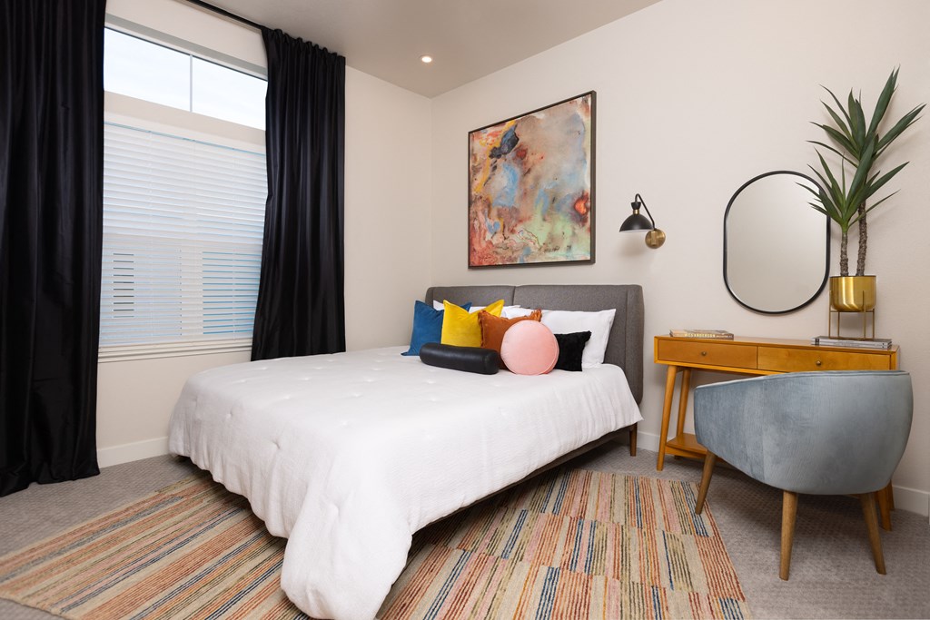 model apartment bedroom with large window model apartment bedroom with large window at Solasta, Sacramento, CA, 95831