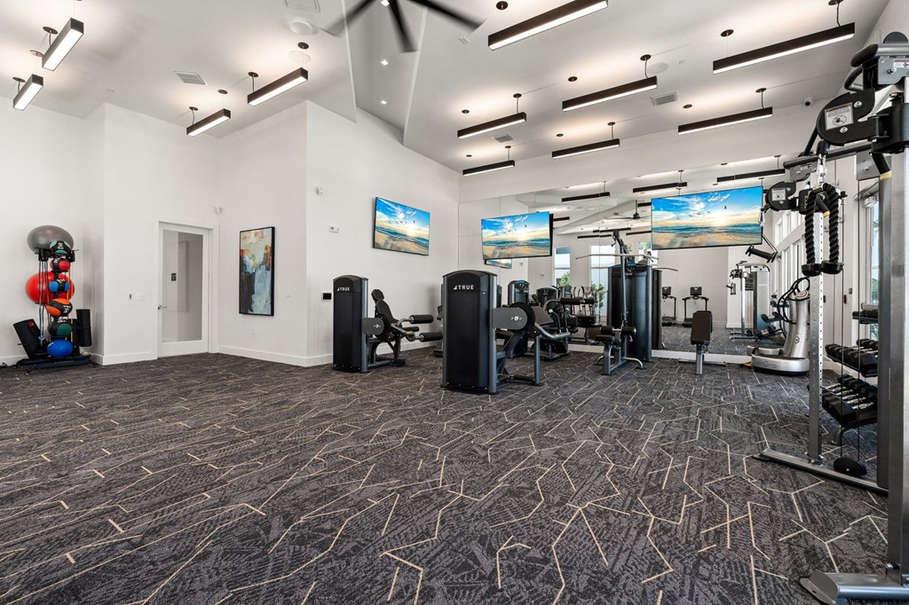 Mira fitness center with weights and cardio equipment in a building with large windows