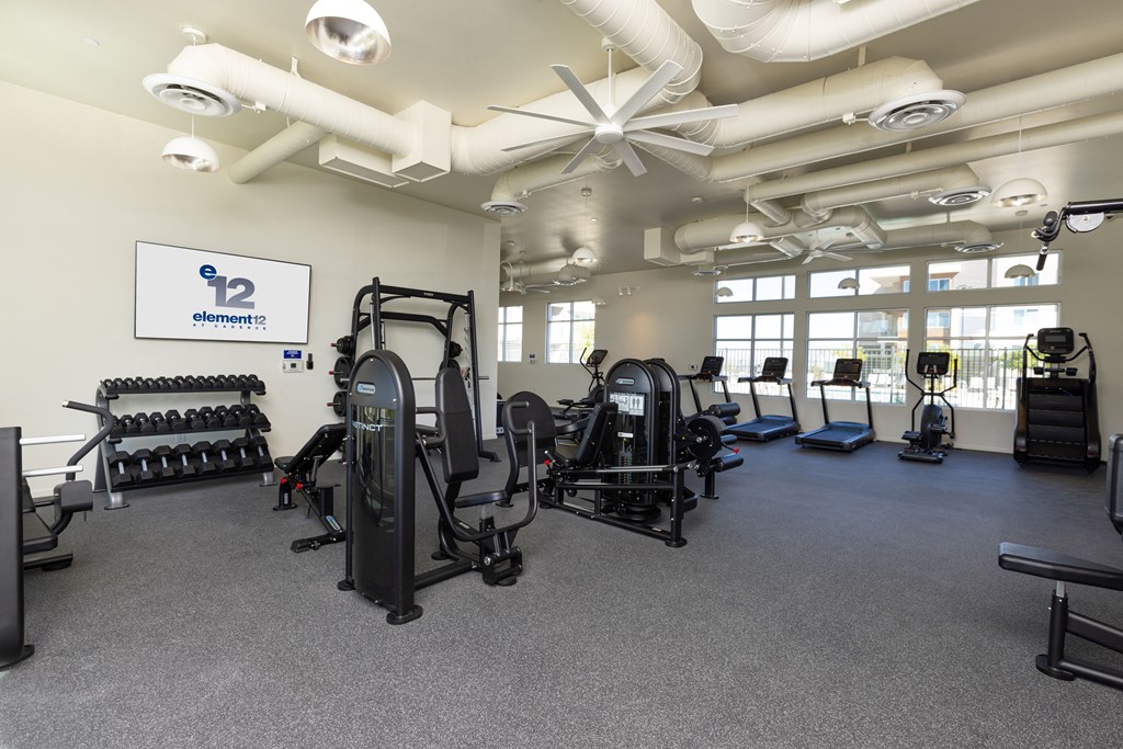 a large fitness room with cardio equipment and windows