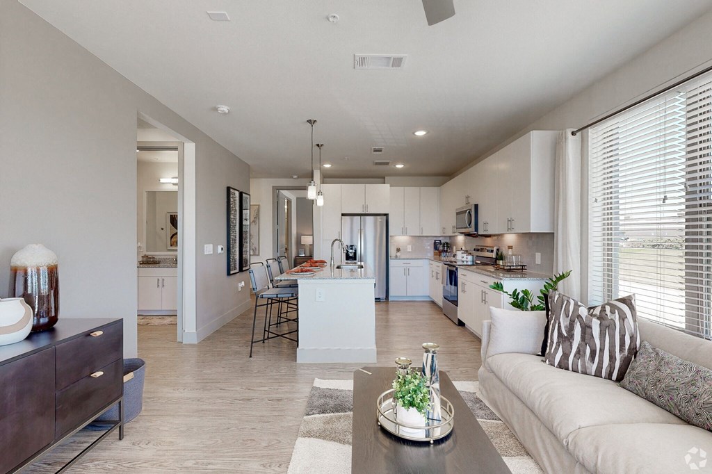 Ironcrest spacious open living room to kitchen view