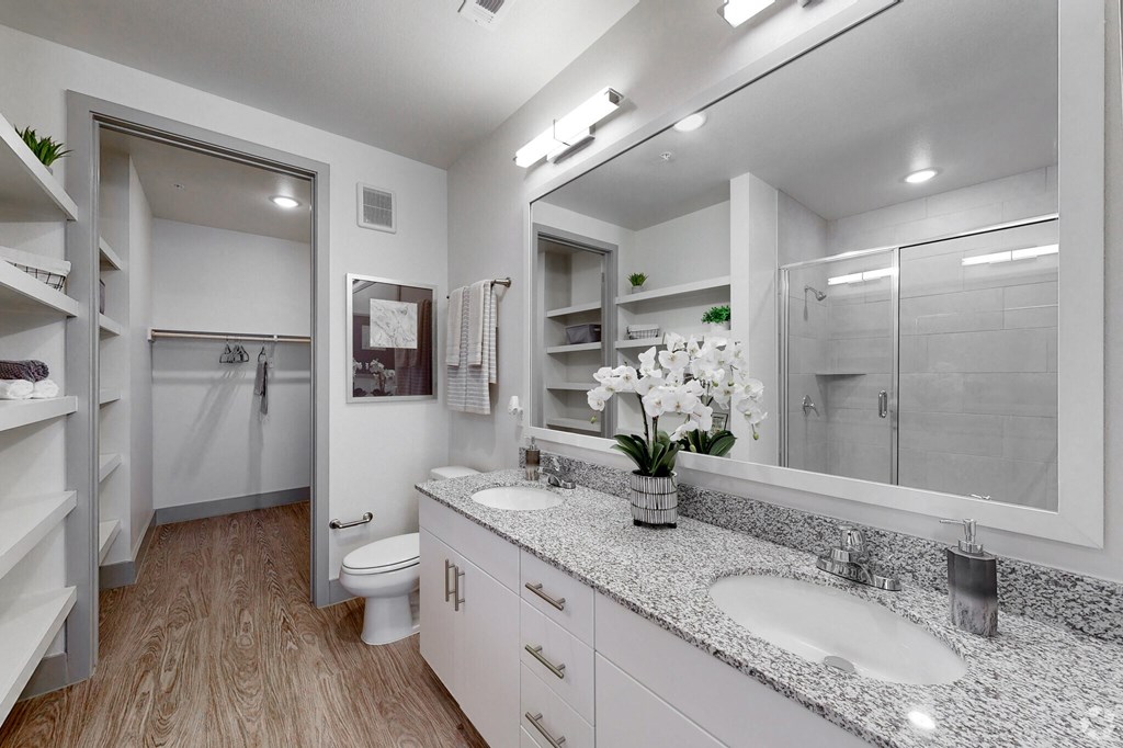 Ironcrest apartment bathroom with double sink and walk in  closet