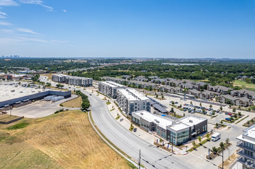 an aerial view Ironcrest apartments showing city and blue sky in the background