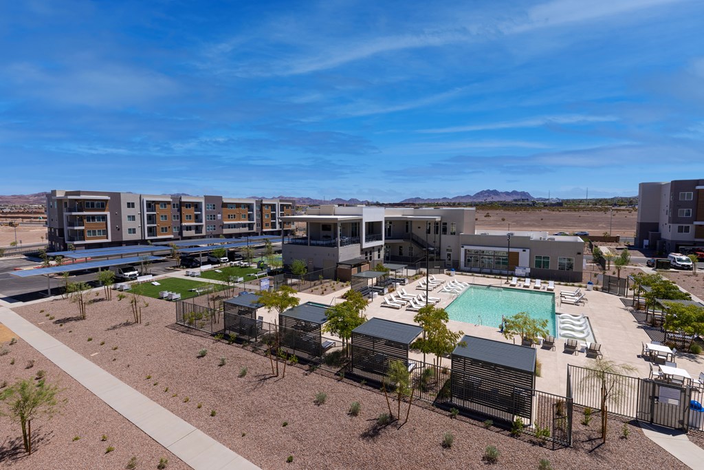 aerial view of element 12 with pool and buildings in background