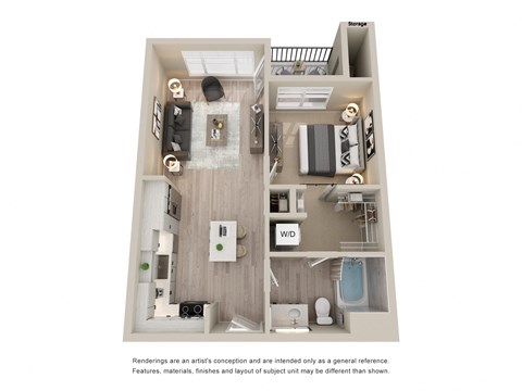 Unit Type A3, a stylized floor plan of a 1 bedroom 1 bathroom apartment