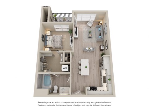 Unit Type A4, a stylized floor plan of a 1 bedroom 1 bathroom apartment