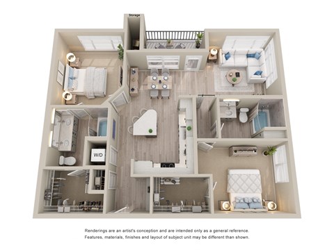 Unit Type B4 - a stylized floor plan of a 2 bedroom 2 bathroom apartment