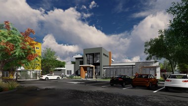a rendering of a clubhouse building with a parking lot at Solasta, Sacramento, CA 95831