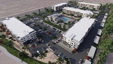 an aerial view of an apartment complex with a swimming pool and parking lot at Element 12 Apartments in Henderson, NV