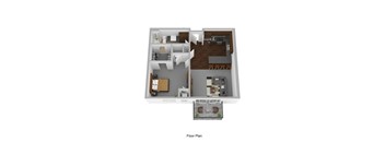 A 3D rendered image of a floor plan of a house.