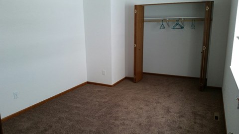 A room with a brown carpet and a closet with clothes hanging.