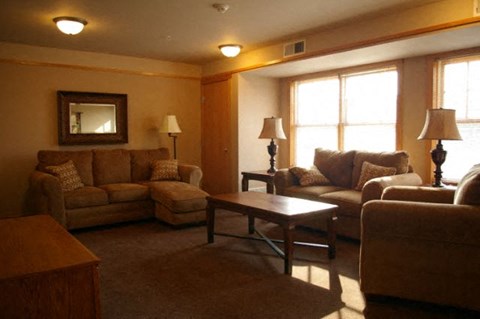 A living room with a brown couch, a brown armchair, a brown chair, a brown coffee table, and a brown rug.
