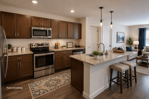 A modern kitchen with dark wood cabinets and stainless steel appliances.