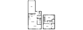 A floor plan of a house with a garage, two bedrooms, a living room, a dining room, a kitchen, a bathroom, a closet, a furnace, and a water heater.