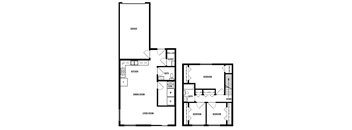 A floor plan of a house with a garage, kitchen, dining room, living room, and three bedrooms.