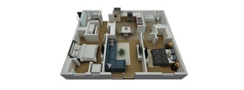 A 3D floor plan of a house with a kitchen, living room, and bedrooms.