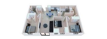 A 3D layout of a house with a kitchen, living room, and two bedrooms.