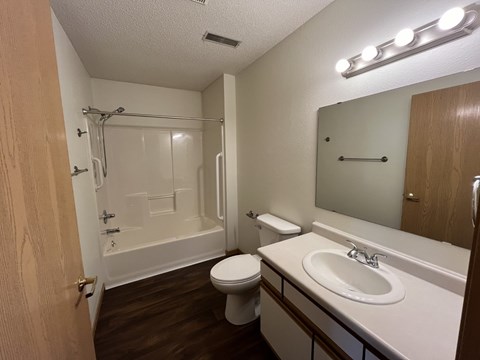 A bathroom with a toilet, sink, and shower.