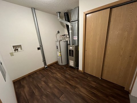 A room with a wood floor and a wood door.