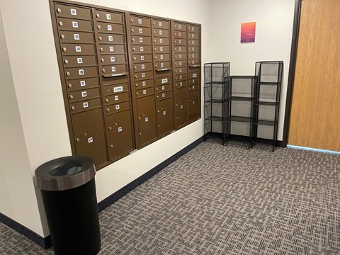 A room with a wall of lockers and a trash can.