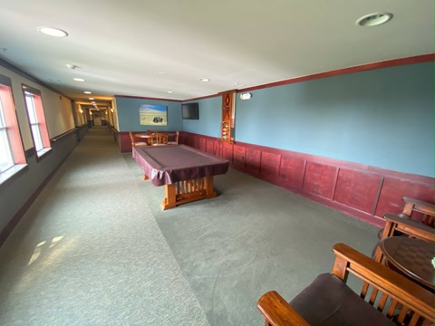 A long room with a pool table, chairs and a television on the wall.