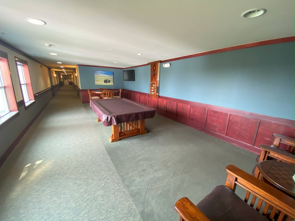 A long room with a pool table, chairs and a television on the wall.