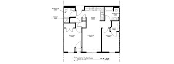 A floor plan of a unit with a living room, two bedrooms, a storage area, a kitchen, and two bathrooms.