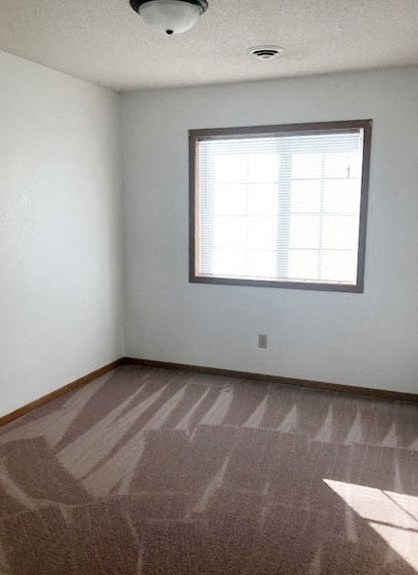 A room with a carpeted floor and a window letting in light.