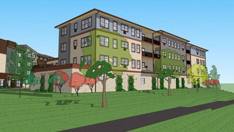 A 3D rendered image of a multi-story building with trees in front.
