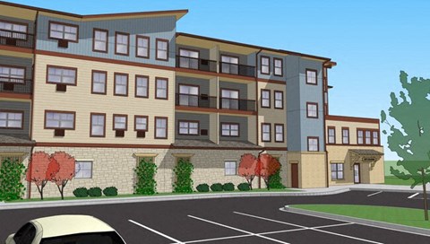 A rendering of a modern apartment building with a car parked in front.
