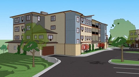 A drawing of a street with apartment buildings on the side.