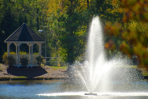 a fountain in a pond with a gazebo in the background