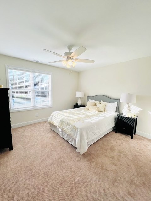 a bedroom with a bed and a ceiling fan