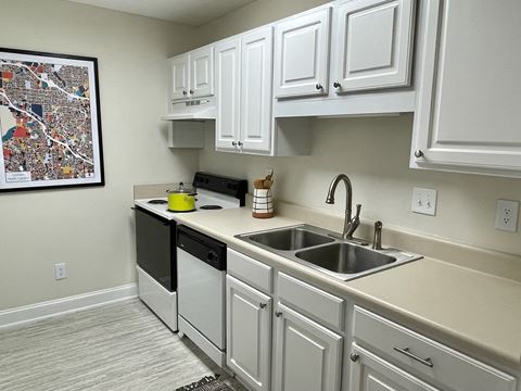 a kitchen with white cabinets and a black dishwasher