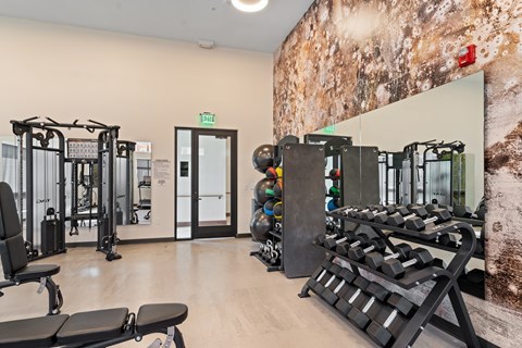 A gym with a variety of equipment including treadmills, weights, and exercise machines.