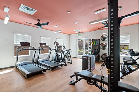 Fully equipped fitness center at Sierra on 66 in Flagstaff, AZ.
