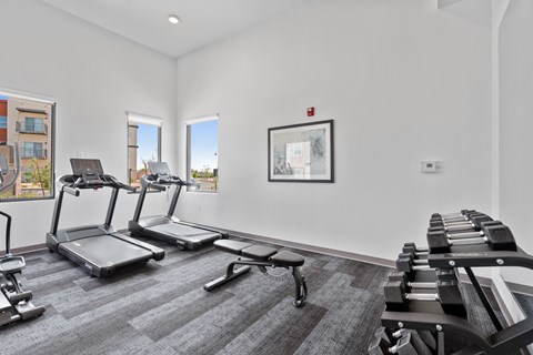 A gym room with treadmills, exercise bikes, and a rowing machine.