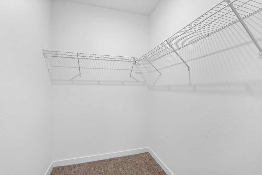 Empty room with a wire shelf and carpeted floor.