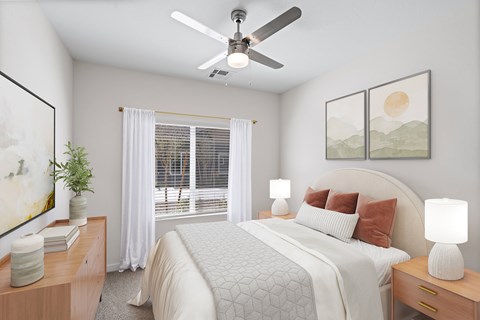A staged bedroom at Sierra on 66 in Flagstaff, AZ.
