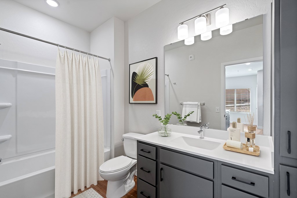 A staged bathroom at Sierra on 66 in Flagstaff, Arizona.