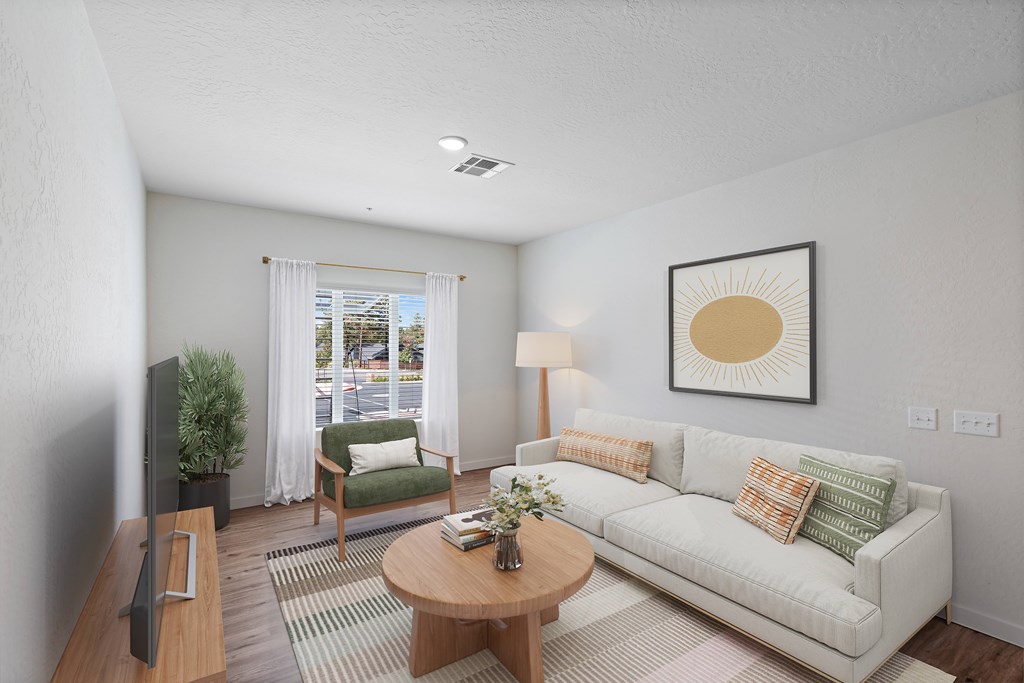 A staged living room at Sierra on 66 in Flagstaff, Arizona.