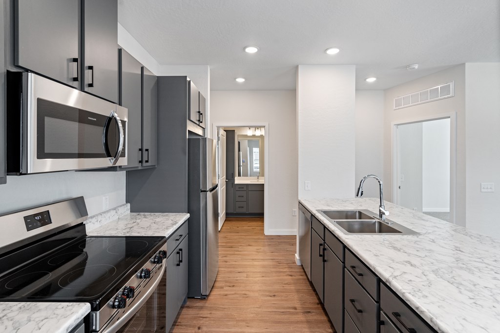 A staged kitchen at Sierra on 66 in Flagstaff, Arizona.