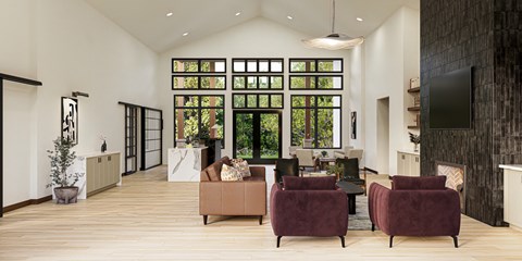 A living room with a large window and a fireplace.