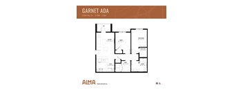 An image of a 2-bedroom 1-bathroom ADA floor plan called Garnet ADA at Alma in Casa Grande, Arizona.